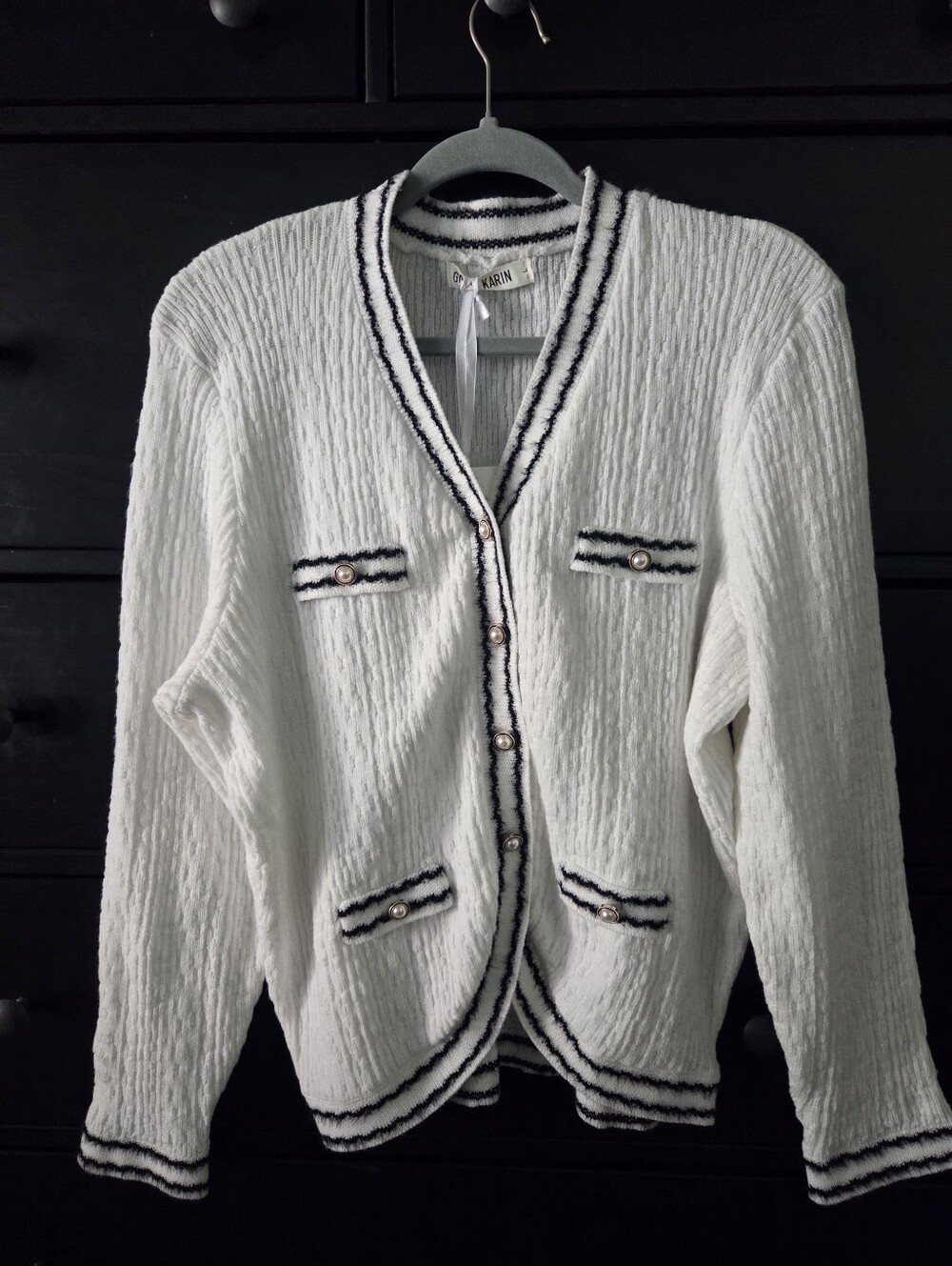 Grace Karin White Cardigan with Black Trim and Pearl Buttons
